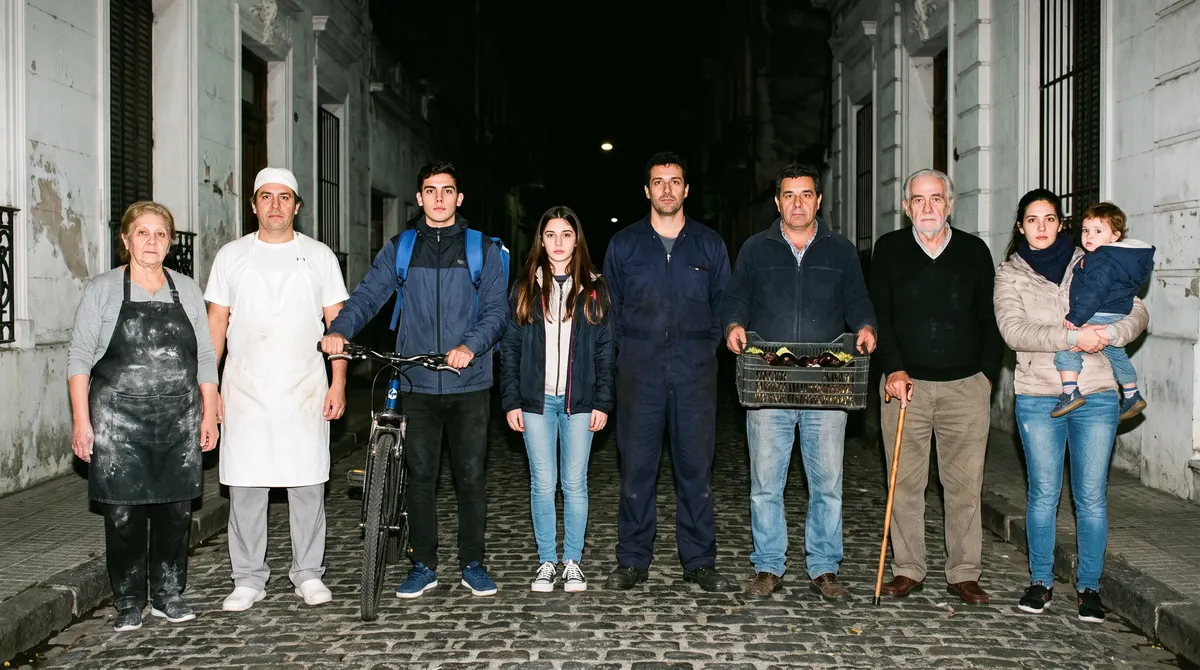 Ocho vecinos parados en el medio de una calle empedrada, de noche, mirando a cámara